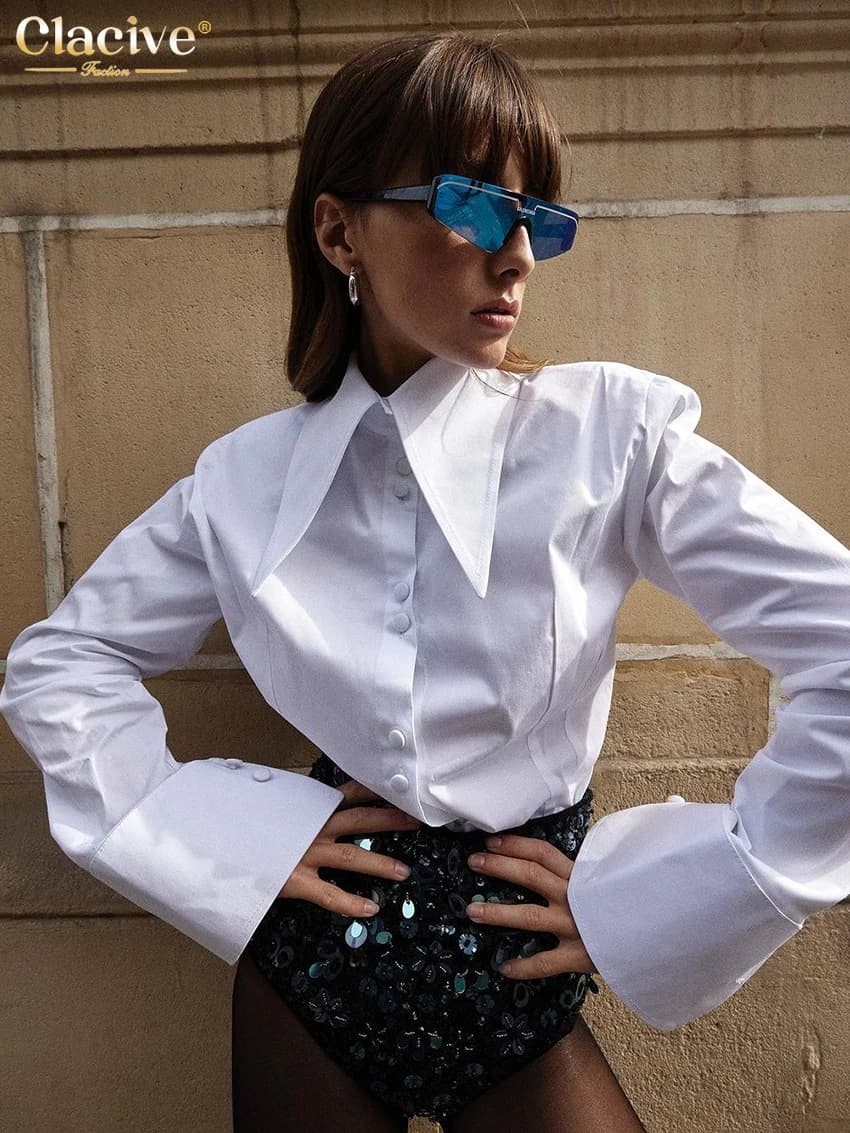 Clacive mode ample blanc femmes chemise 2024 décontracté revers à manches longues Blouses élégant cl