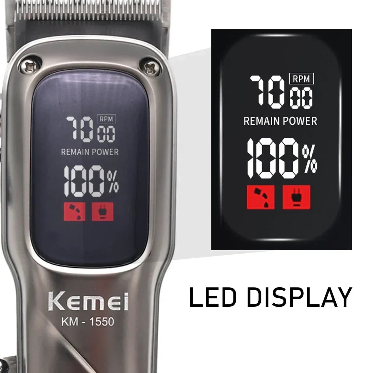 Kemei KM-1550 Professionnel Tondeuse À Cheveux pour Hommes Affichage LED À Faible Bruit Sans Fil USB
