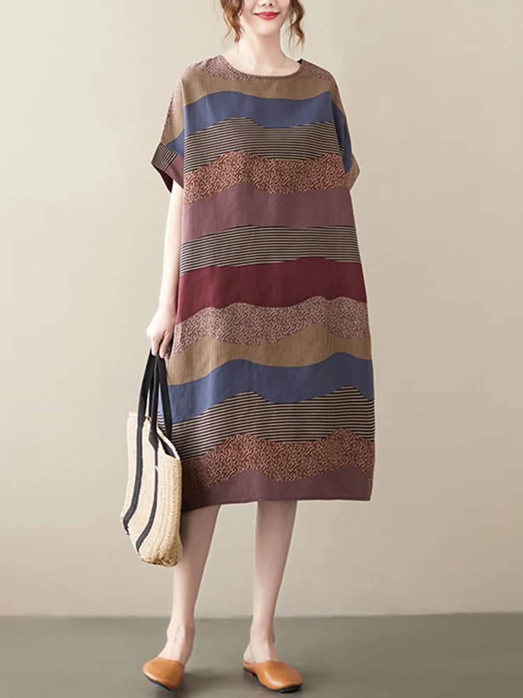Robes midi d'été décontractées et amples pour femmes, en coton et lin, à manches courtes, imprimé vi