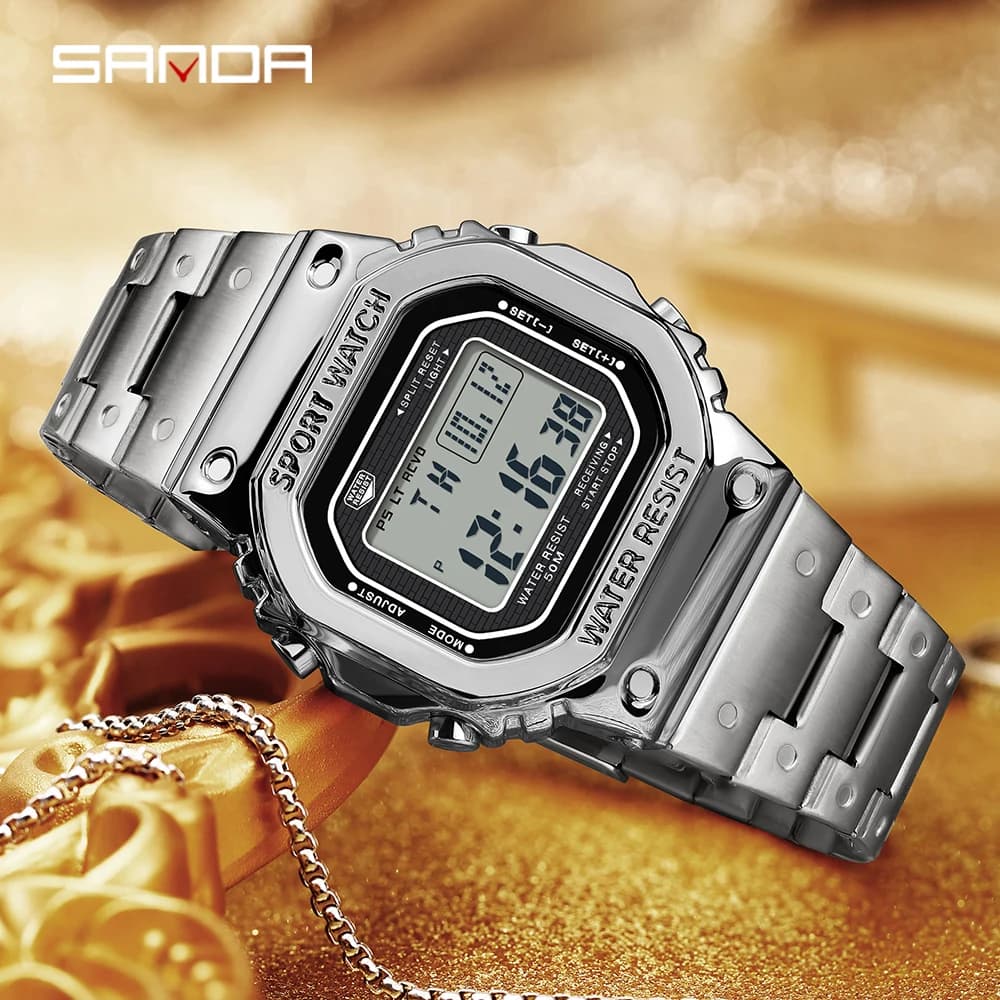 SANDA 2162 montre électronique pour hommes carré étanche multi fonctionnel montre-bracelet carré mod