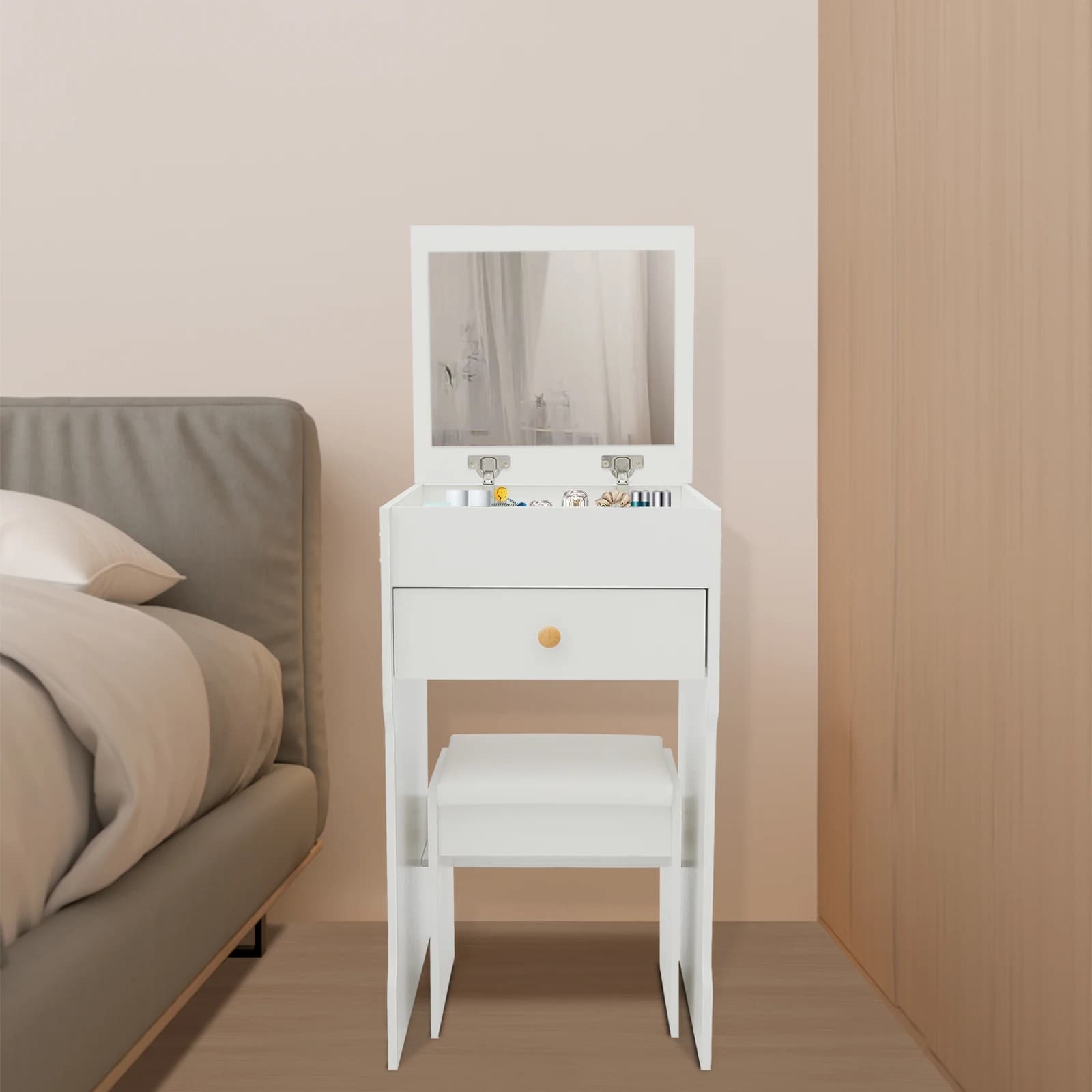 Petit coiffeuse blanc avec miroir rabattable, rangement caché, ensemble de coiffeuse avec plateau en