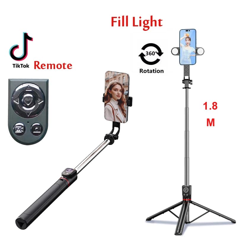 Perche à Selfie sans fil Bluetooth longue de 1.8M, support de diffusion en direct, trépied pliable a