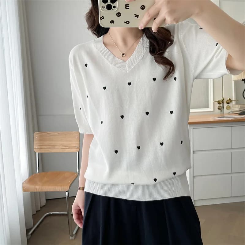 Pull à manches courtes Ice InjEmbroidery Coussins Temperament pour femmes, vêtements décontractés, g