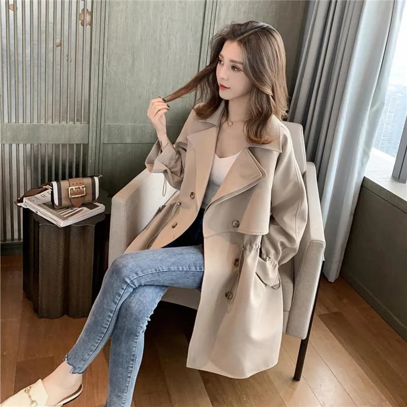 Manteau coupe-vent mi-long doublé pour femme, col trempé, mince, décontracté, sauvage, printemps, au