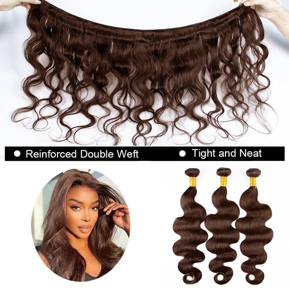 # 4 Bundles de Cheveux Humains Ondulés Brun Foncé 1/3 Pièces, Extensions de Cheveux Remy Brésiliens 