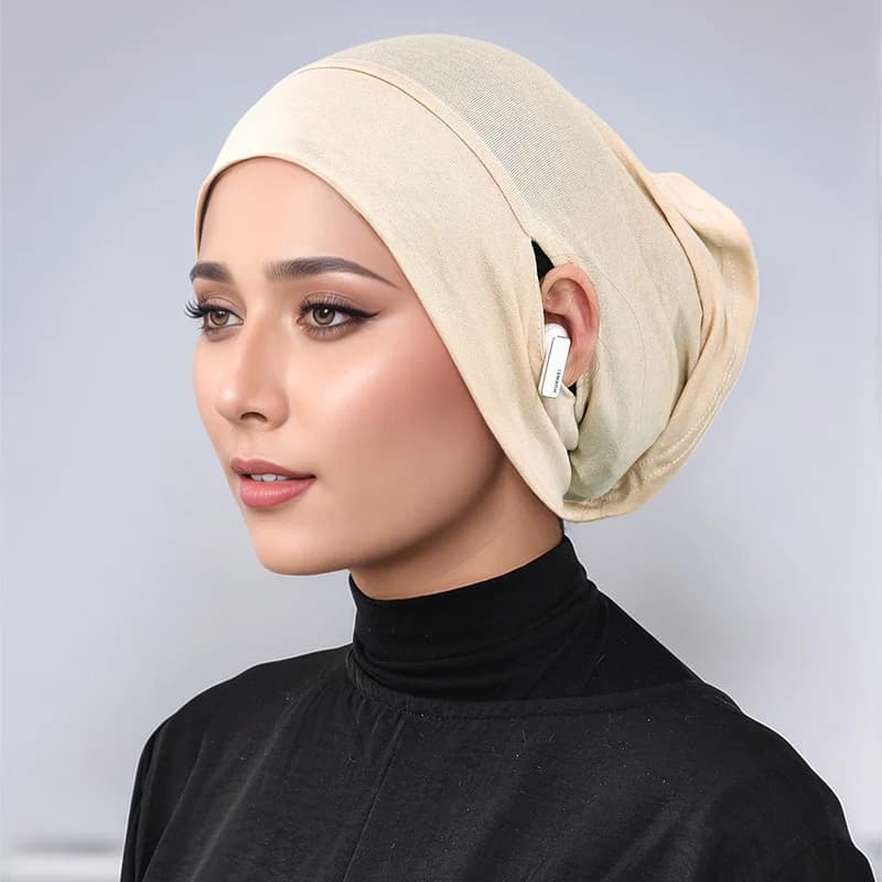Hijab Musulman avec Oreilles Fuites pour Femme, Turban NikDoux, Jersey Premium, Ouvert, Solide, Base