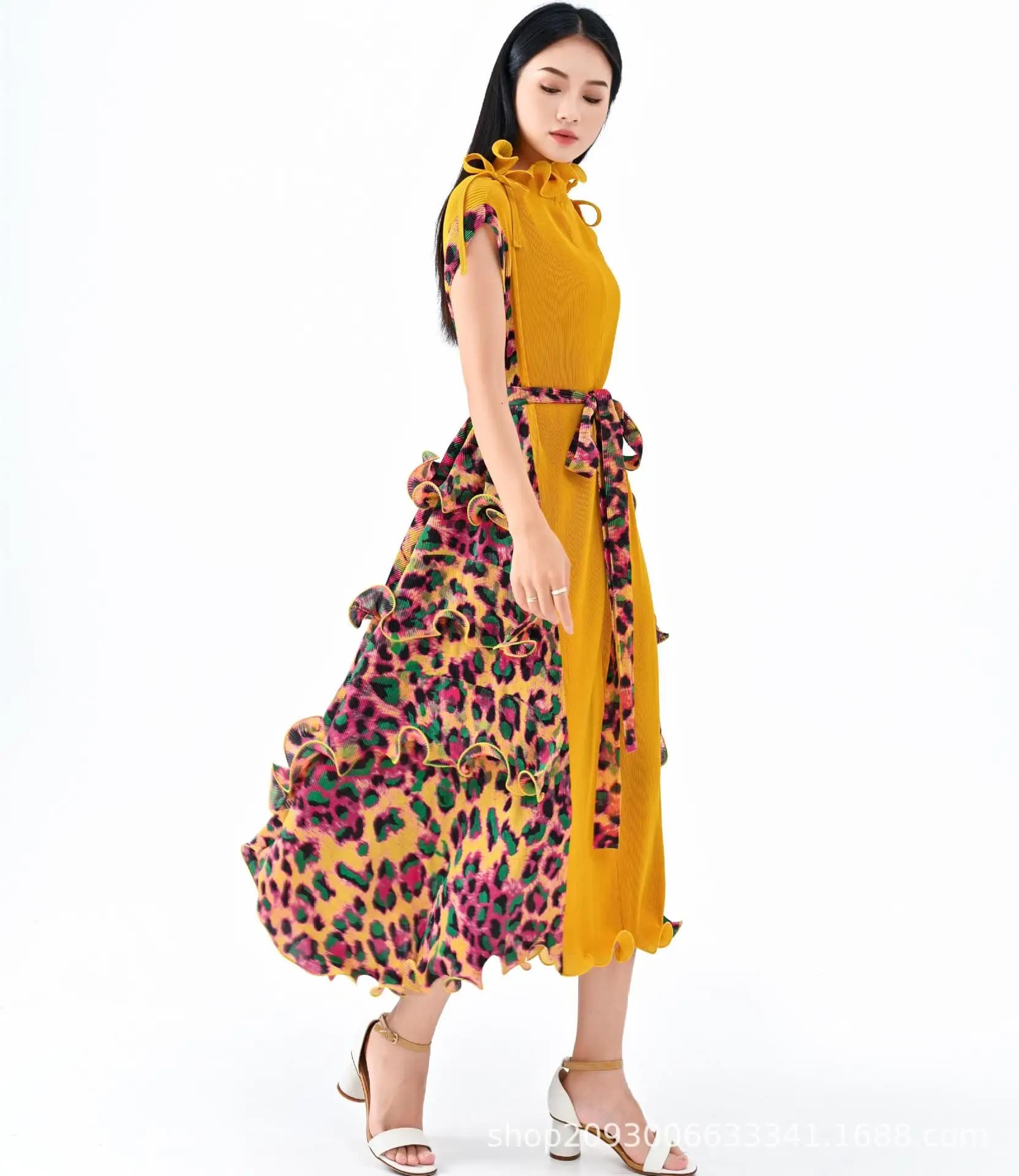 Ata Yake-Robe longue plissée à imprimé léopard pour femme, motif tendance, ceinture en fibre, décont