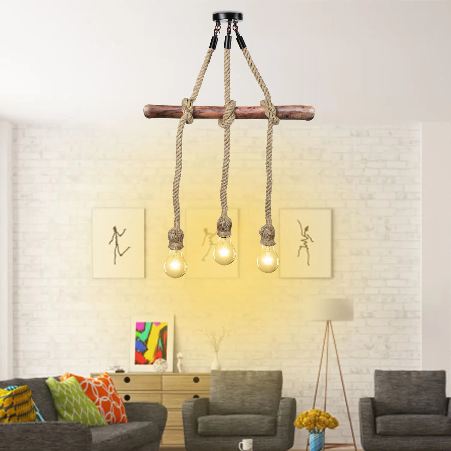 1m 3 tête LED lustre industriel rétro chanvre corde plafonnier décor à la maison pendentif lumières 