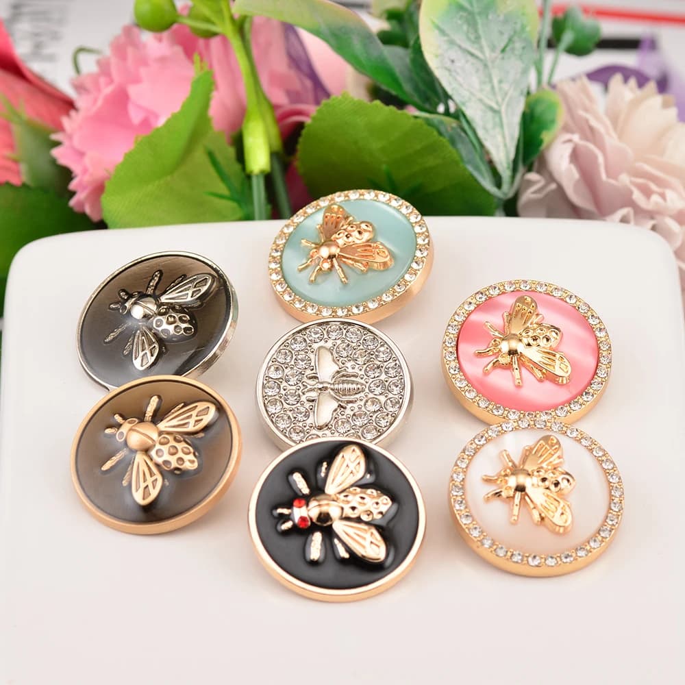 Boutons en métal décoratifs avec strass, 6 pièces, abeille dorée, rose, bleu, pour vêtements, mantea