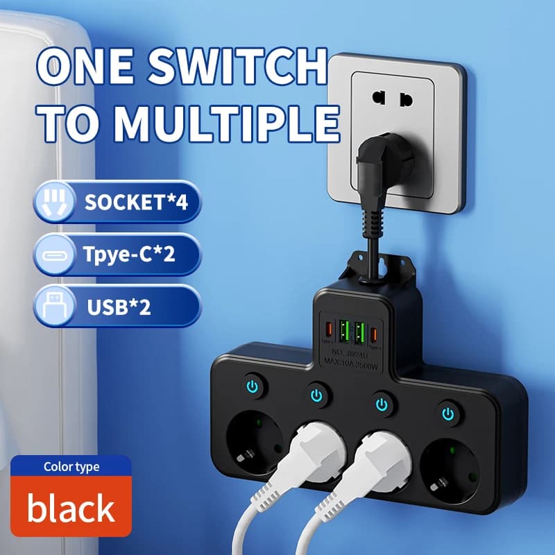 Multiprise 4/5 voies, prise multicontact EU avec 2 ports USB, prise électrique multiple avec interru