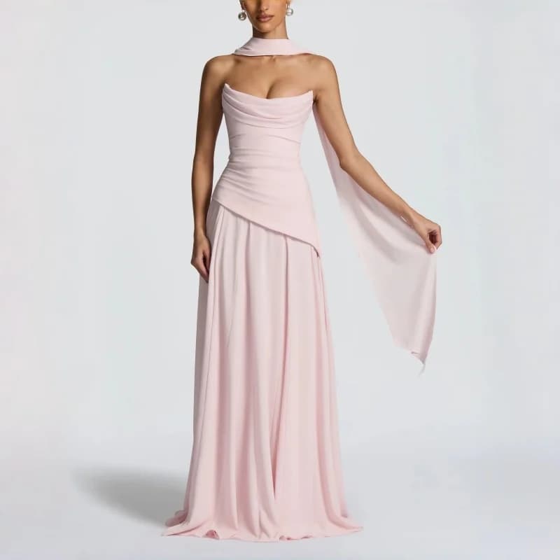 Robe de soirée rose poudré pour femme, col bénitier, dos froncé, à lacets, sans manches, élégante, p