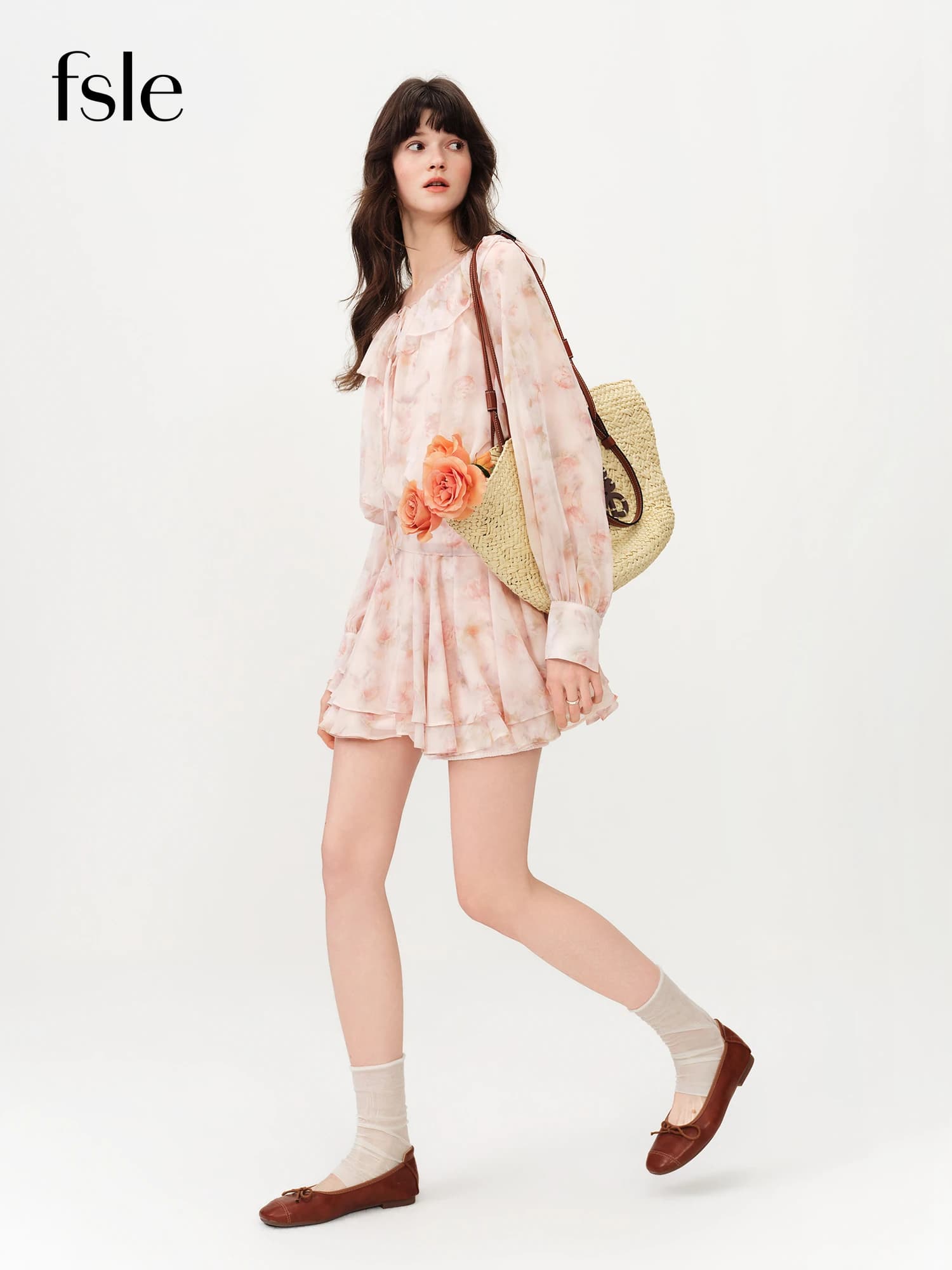 Robe Courte Évasée à Manches Longues Imprimé Floral d'Inspiration Française FSLE 2026 pour Femme - I