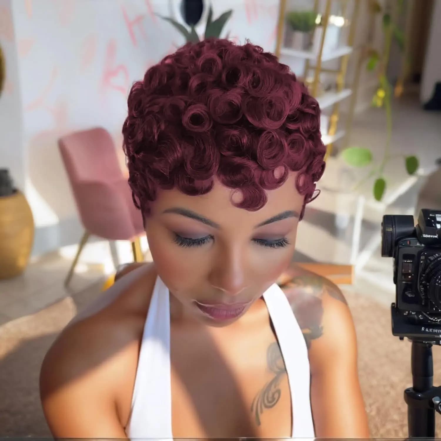 99J court couches Pixie bouclés perruques cheveux humains rouge foncé Chic Pixie coupe perruque de c