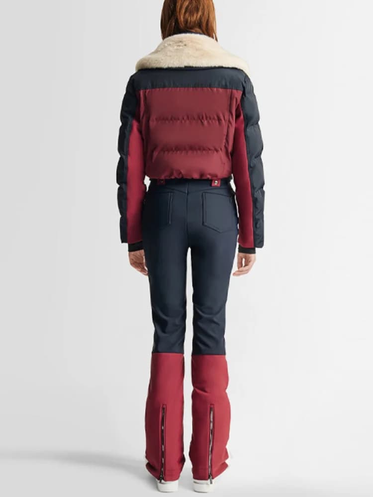 Combinaison de ski chic à blocs de couleur avec fermeture éclair et ceinture, manches longues, panta