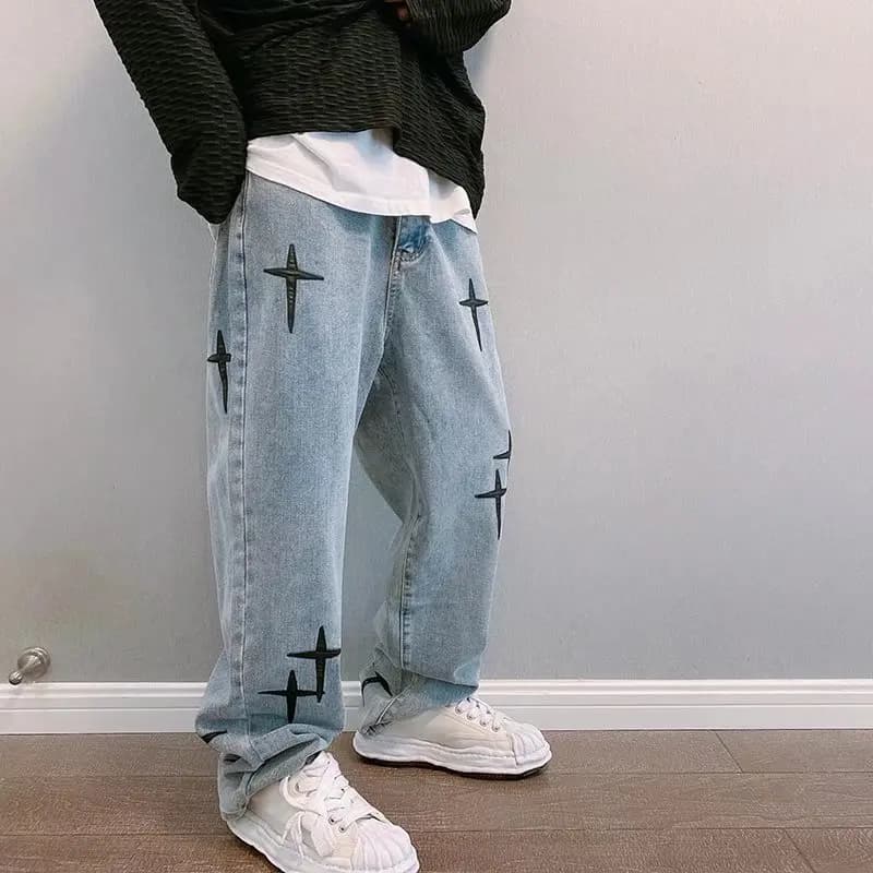 Jean imprimé pour hommes, Streetwear, Baggy, jambes larges, mode coréenne, drapé, droit, décontracté