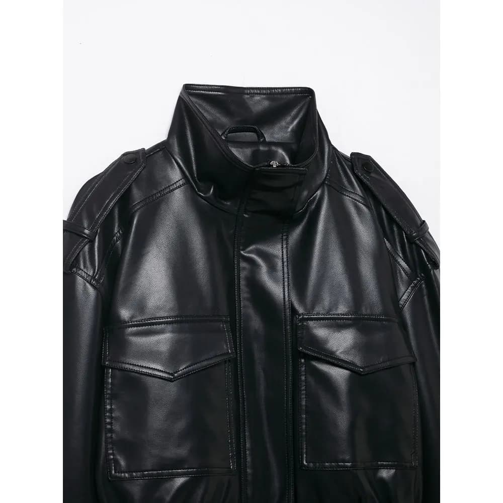 DUOPERI femmes mode avec poches PU noir vestes haute rue col haut manches longues manteaux femme élé