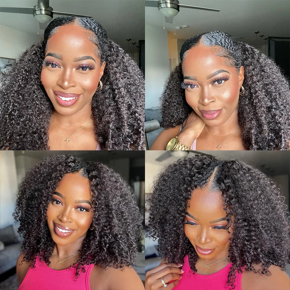 Kinky Curly V Part Perruque de cheveux humains pour femme, sans laisser de côté, partie fine, perruq