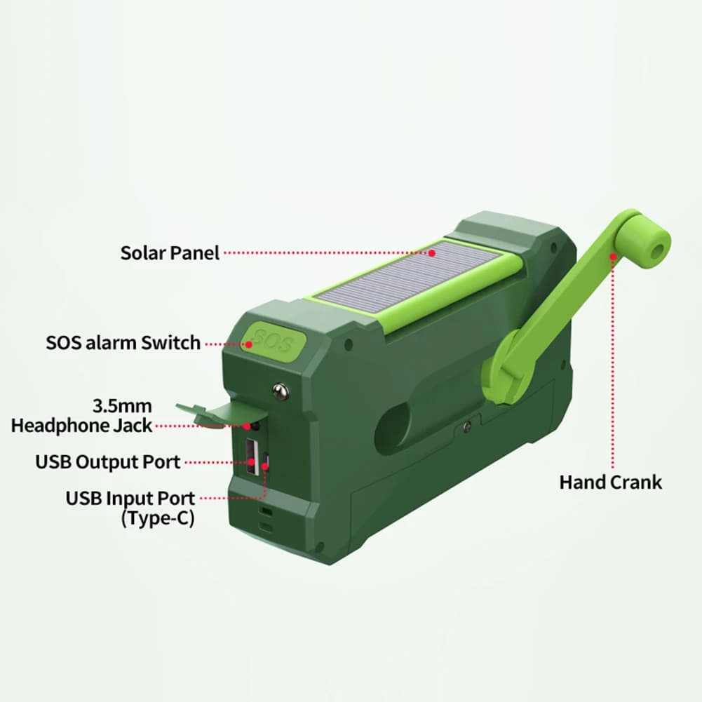 Radio multifonctionnelle à manivelle solaire, charge USB, radio météo, lampe de poche LED d'urgence,