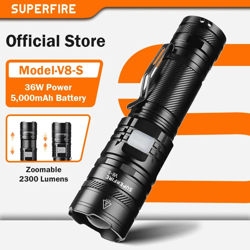 Lampe torche LED étanche haute puissance SUPERFIRE 36W avec pile 26650, indicateur puissant, USB-C, 