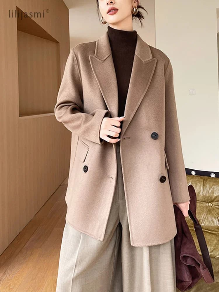 Blazer court en laine à revers crantés pour femme, 100% laine, avec poignets de travail, non doublé,