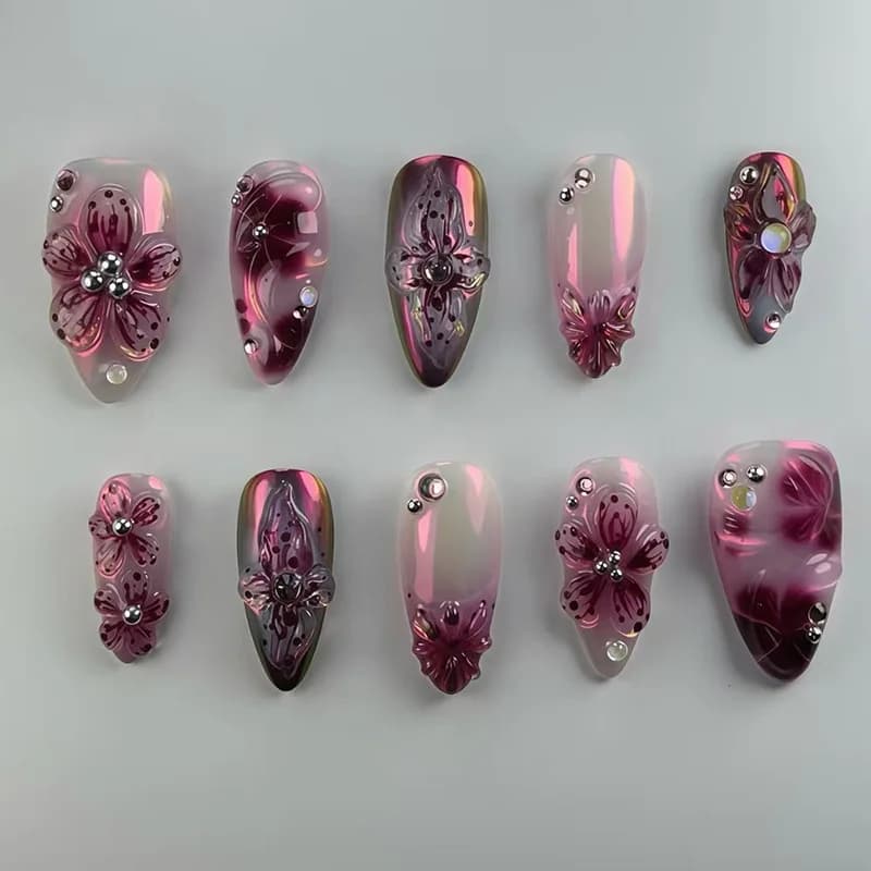 24 pièces fleur impression presse sur ongles vin rouge Blush amande faux ongles conseils portable ré