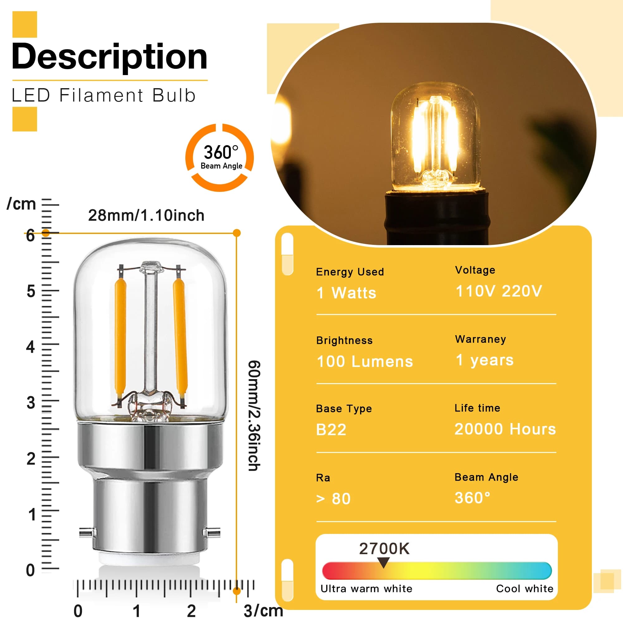 Mini ampoules LED tubulaires à base de baïonnette B22, ampoule décorative intérieure, verre transpar
