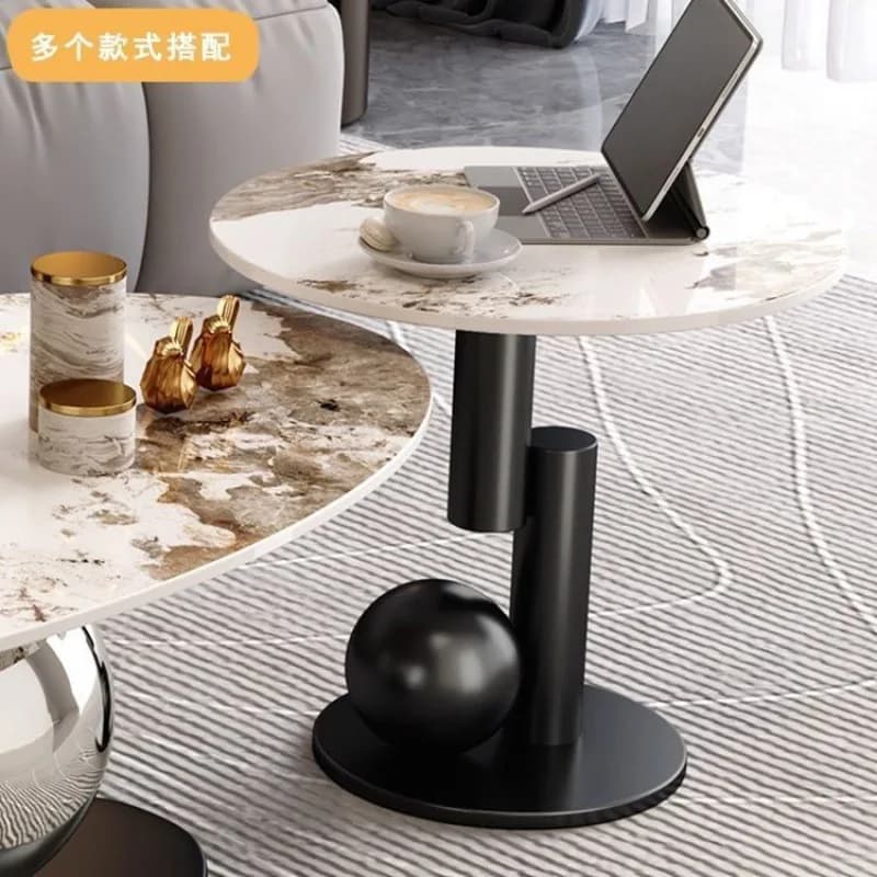 Table basse ovale en ardoise, lumière de luxe, salon moderne, maison minimaliste, petit appartement