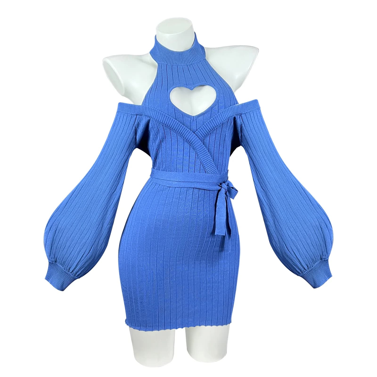 Robe en tricot bleu sexy à motif d'automne et de cœur, bretelles, dos nu, pull à col roulé doux pour