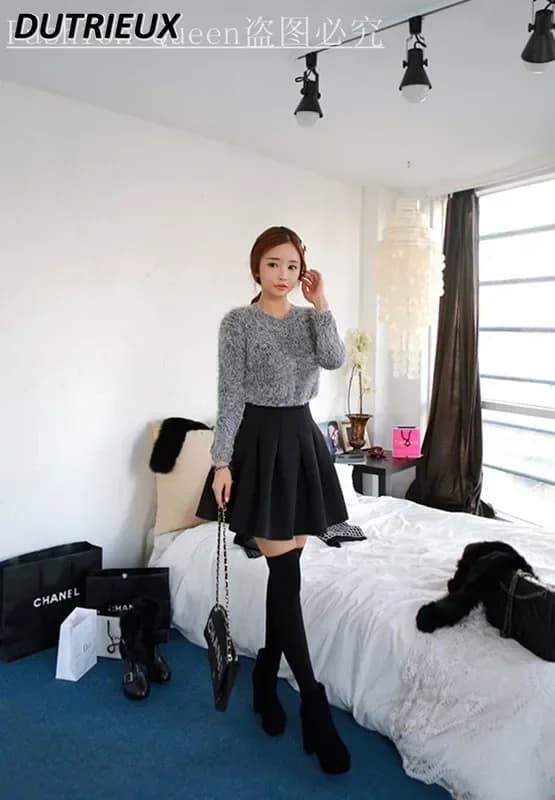 Jupe courte plissée de Style coréen, taille haute, Base Slim, pour femmes, jupe noire en coton pour 