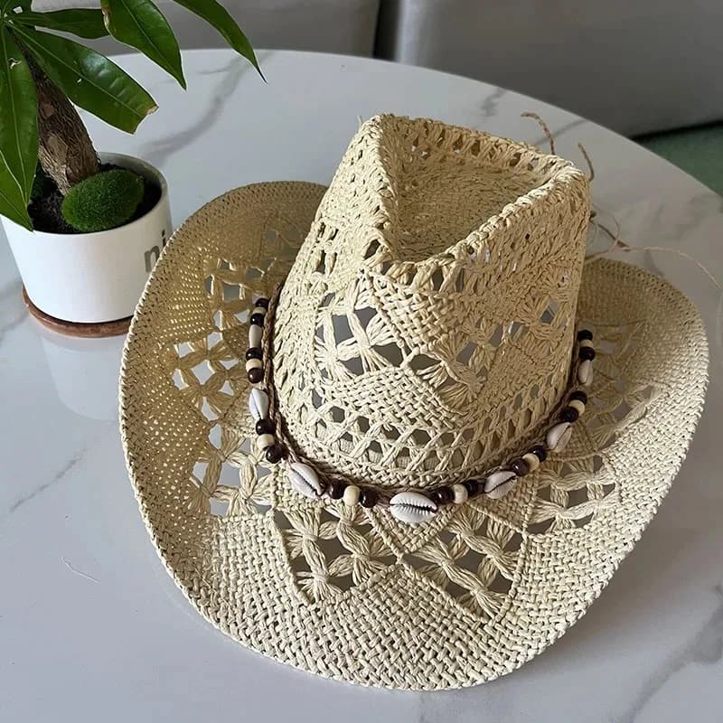Chapeau de paille bohème d'été pour femmes et hommes, chapeaux de Cowboy de plage, perles en bois aj