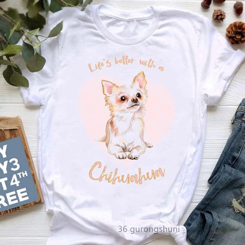 T-Shirt blanc pour Femme, avec un graphique imprimé, Chihuahua, Harajuku, Kawaii