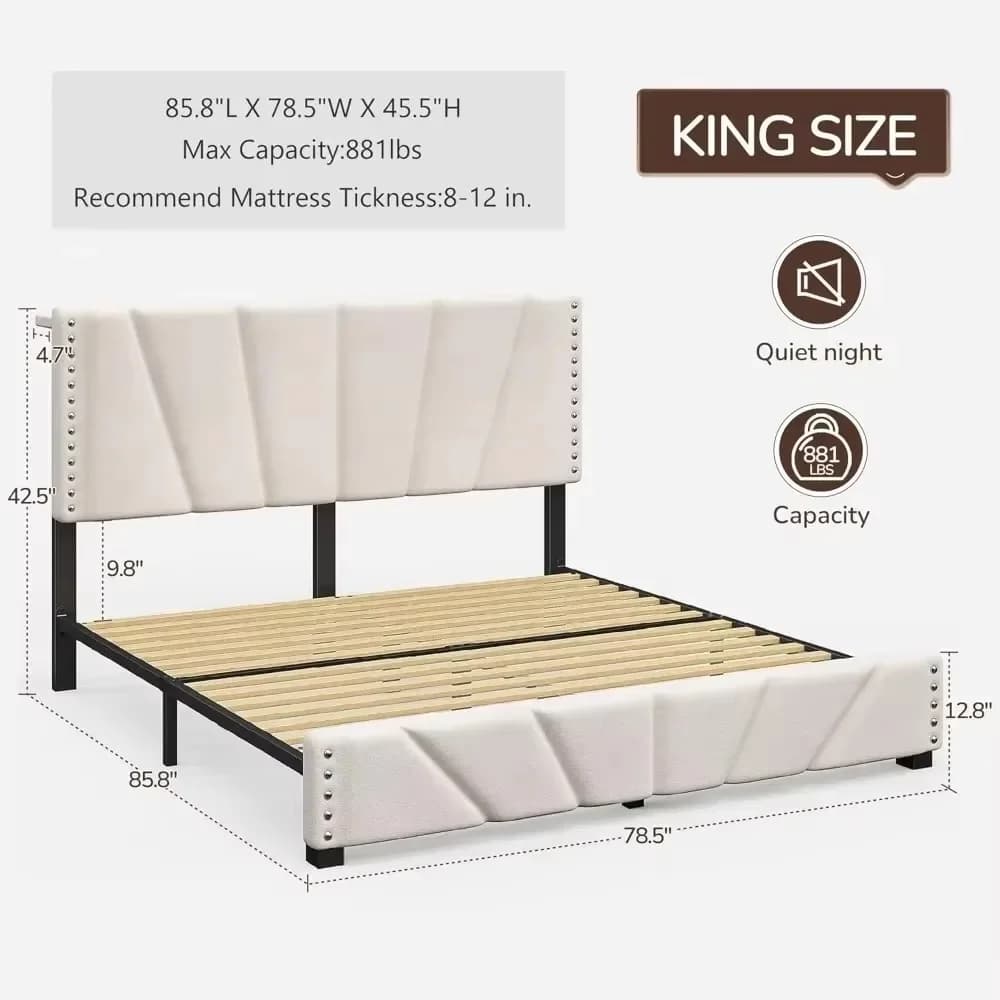 Cadre de lit king size, cadre de lit en velours, avec tête de lit et lumière LED, cadre de lit plate