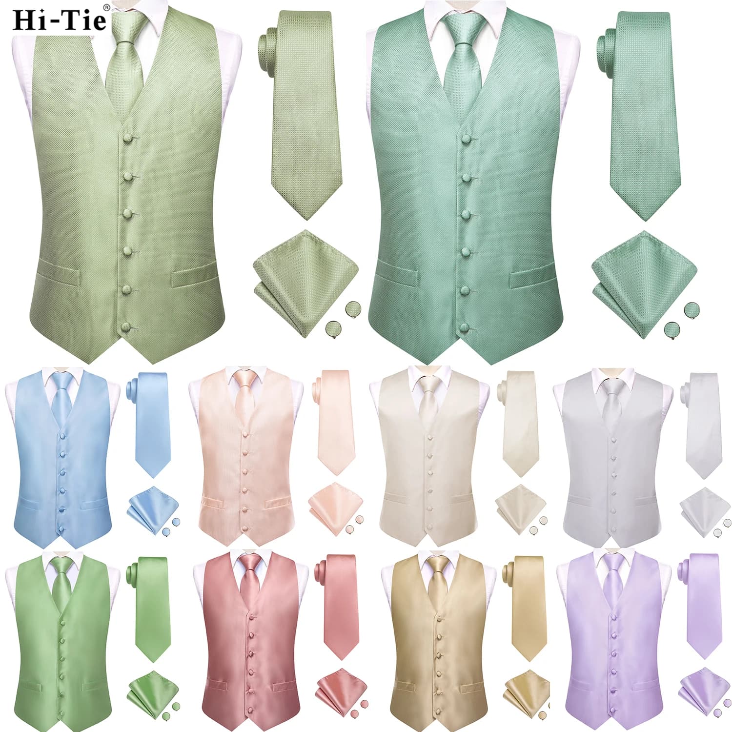 Gilet de costume homme vert sauge uni à motif floral, ensemble 4 pièces, avec gilet bleu tissé, crav