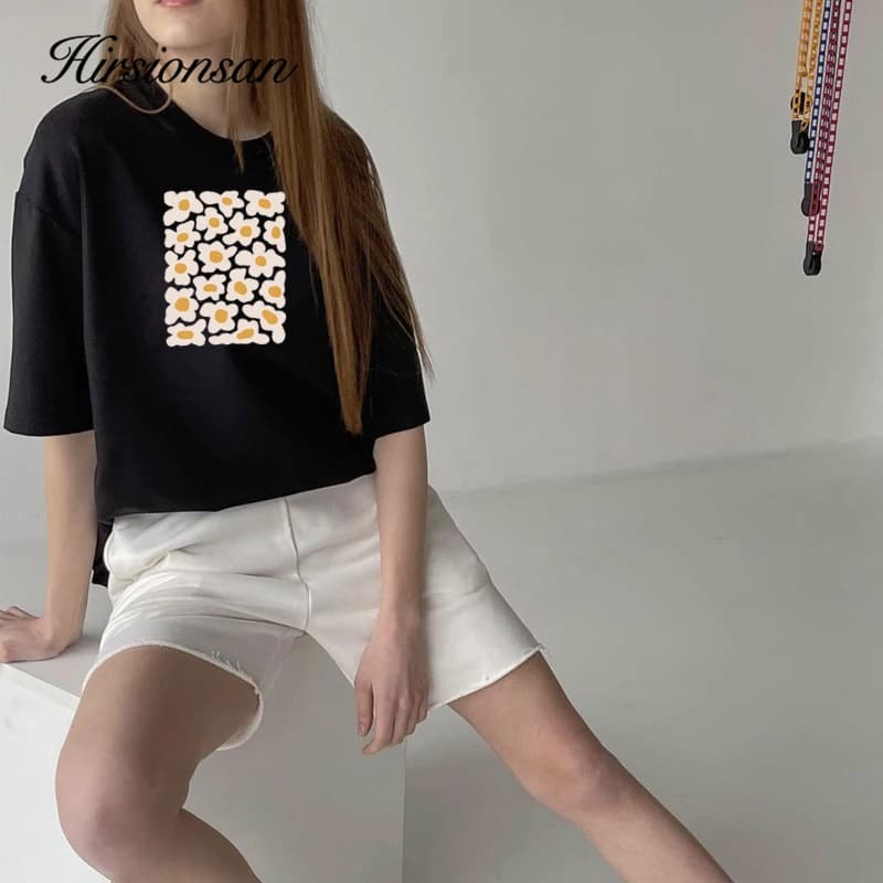 Hirsionsan – t-shirt manches courtes pour femme, basique, 2023 coton, imprimé petite marguerite, sty