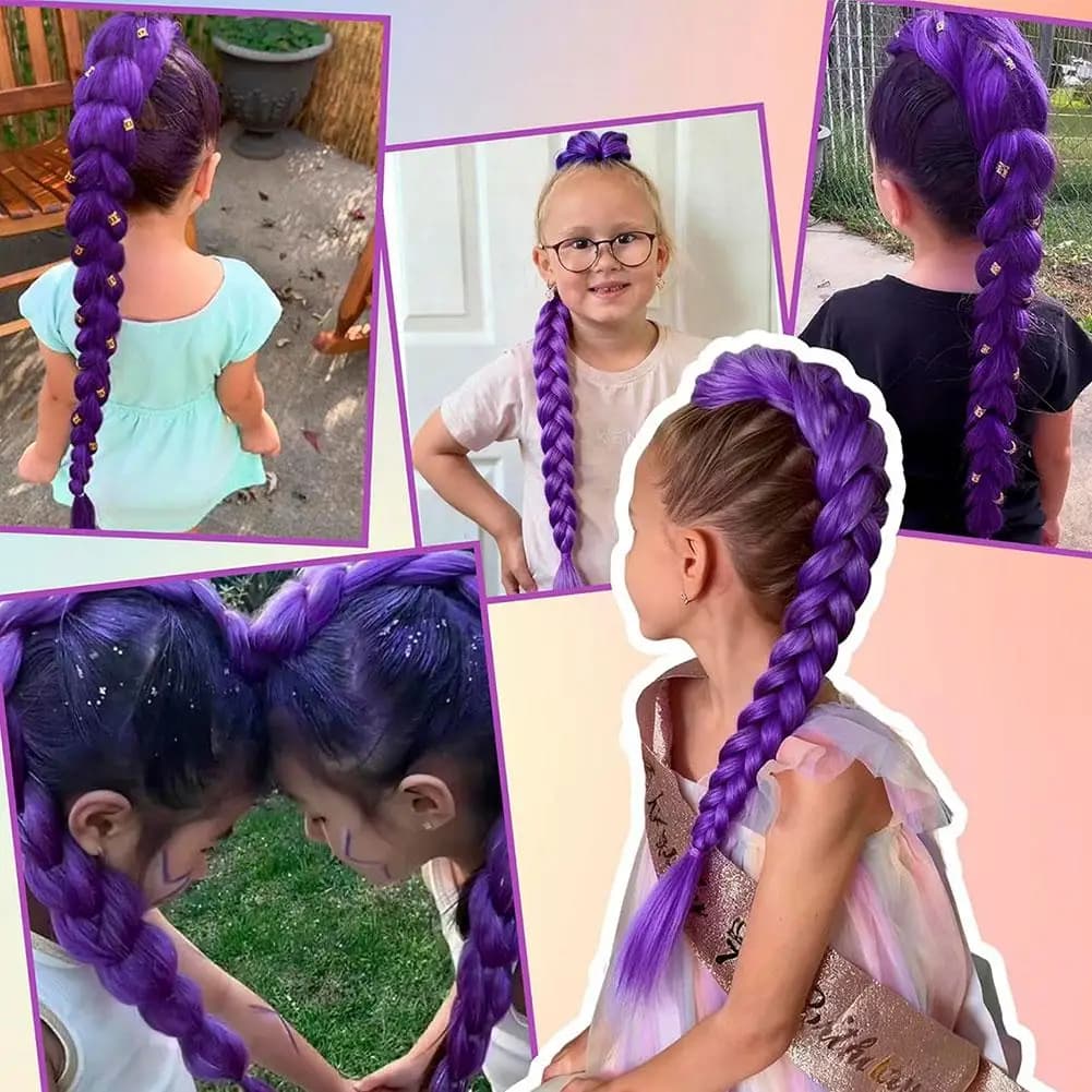 Extensions de queue de cheval tressées violettes de 66cm pour enfants, tresses longues violettes, co