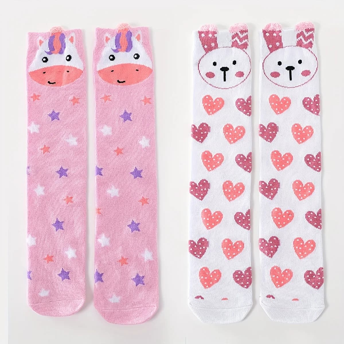 2 paires de chaussettes hautes en forme de cœur de lapin pour filles, chaussettes au-dessus du genou