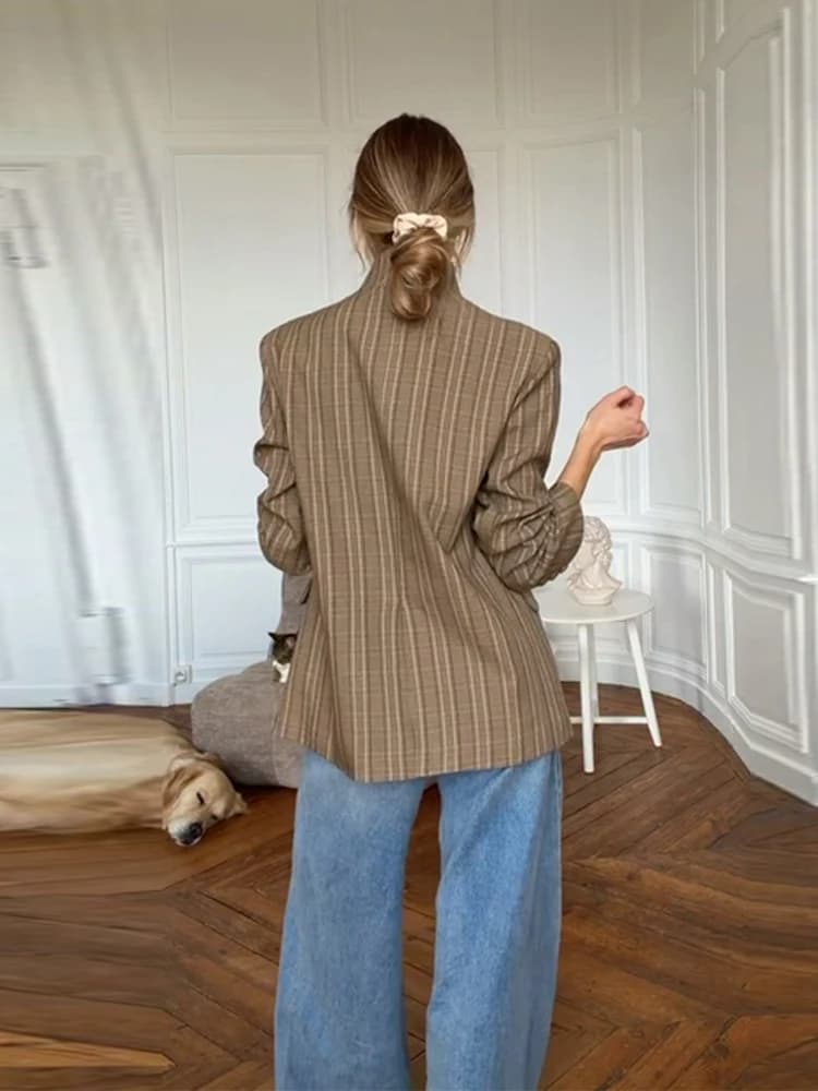 Nouveau Blazer Vintage à Carreaux pour Femme, Col Montant, Un Bouton, Poches, Veste de Costume Fémin