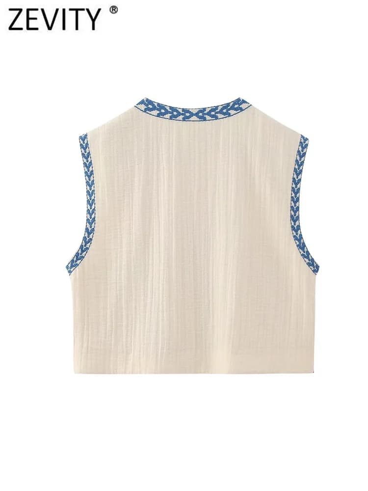 Zevity-Veste Brodée Florale Courte pour Femme, Gilet Décontracté, Style National, Fibre Position, Da