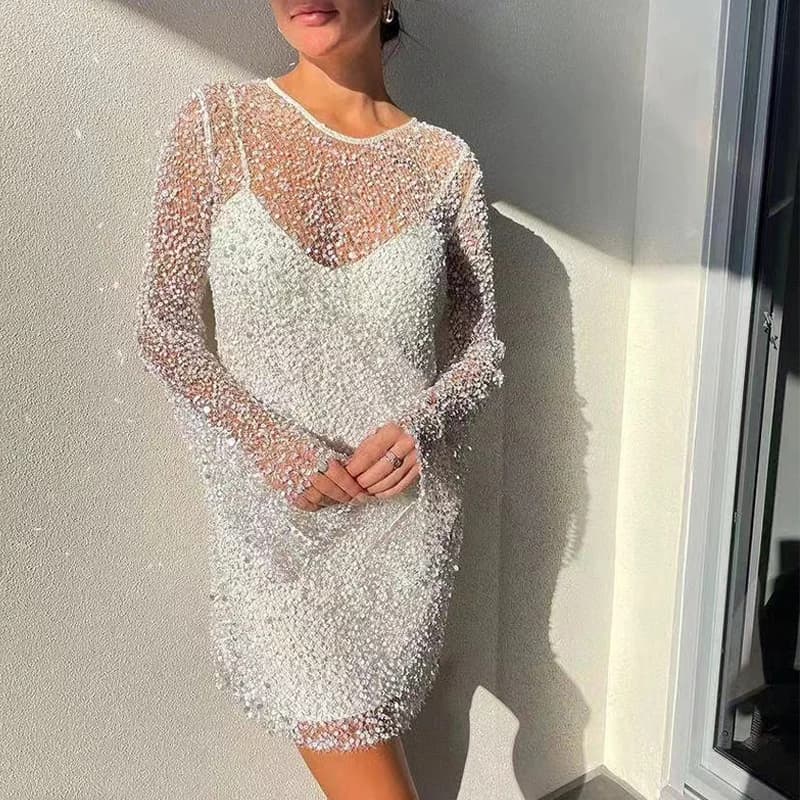 Femmes élégant épissage solide polyvalent robe Chic col rond paillettes robe creuse mode jarretelle 