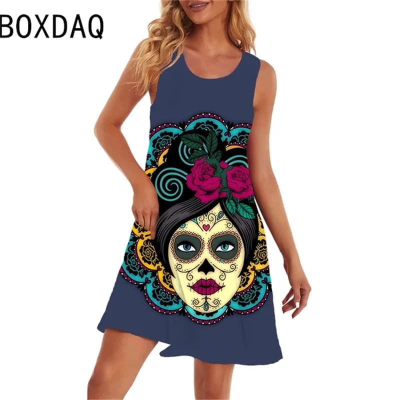 Robe d'été imprimée tête de mort 3D pour femmes, robes de plage en fibre, grande taille, robe trapèz