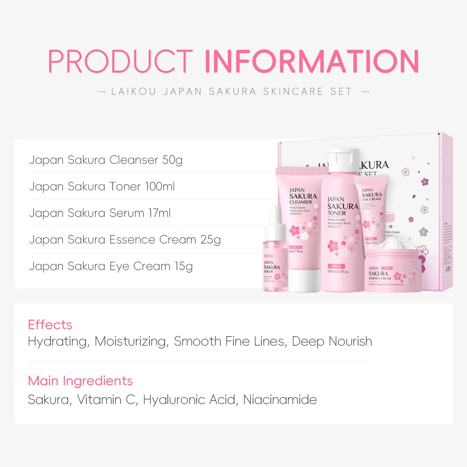 Coffret beauté LAIKOU Sakura 5 pièces : nettoyant, tonique, sérum, crème contour des yeux, crème hyd