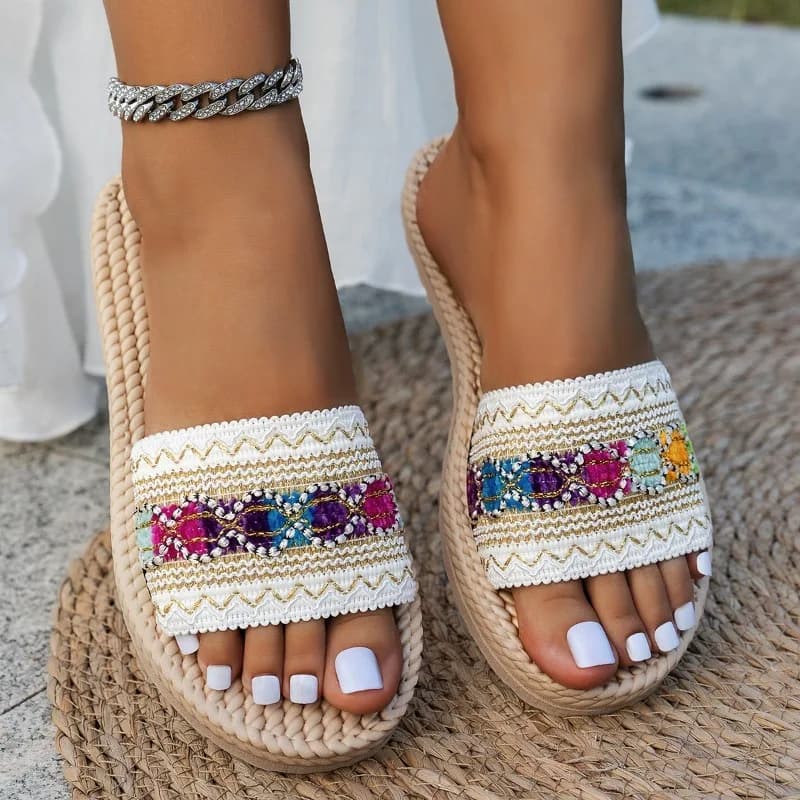 Sandales plates d'extérieur pour femmes, style bohème ethnique, grandes tailles, à pampilles, pour l