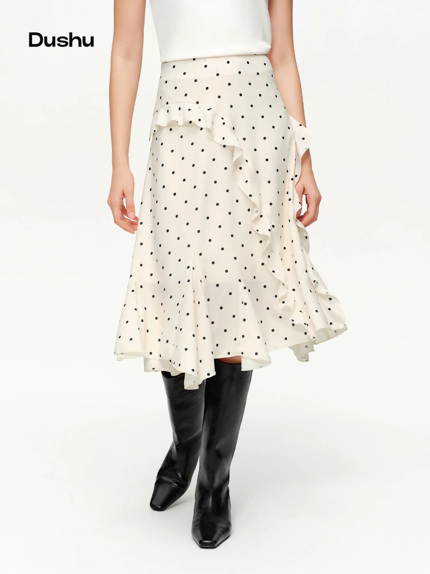 Jupe mi-longue à volants irréguliers à pois DUSHU, nouvelle jupe mi-longue à taille haute de style c