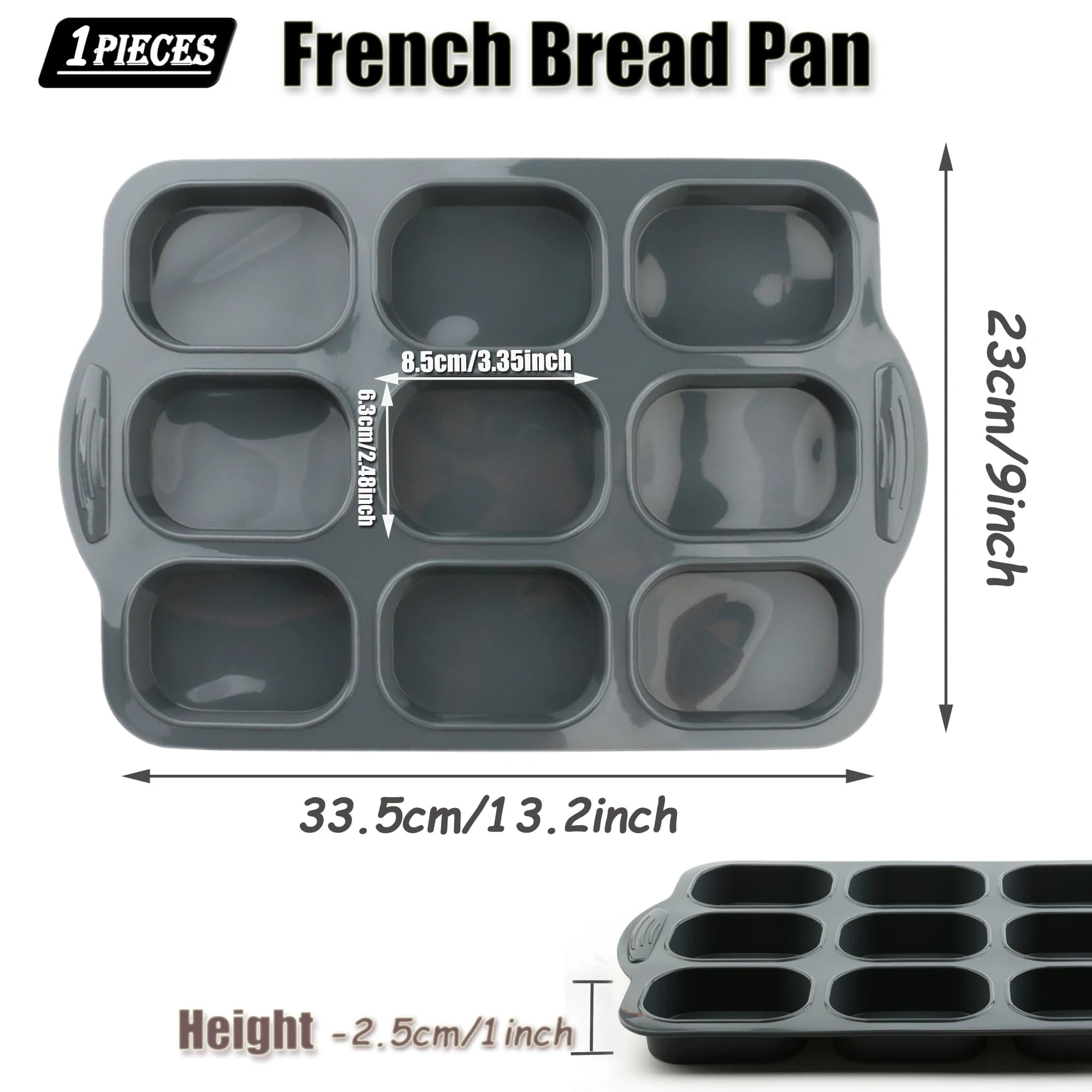 1 Pack Moule de cuisson rectangulaire en silicone gris foncé à 9 cavités pour pain français, hot-dog