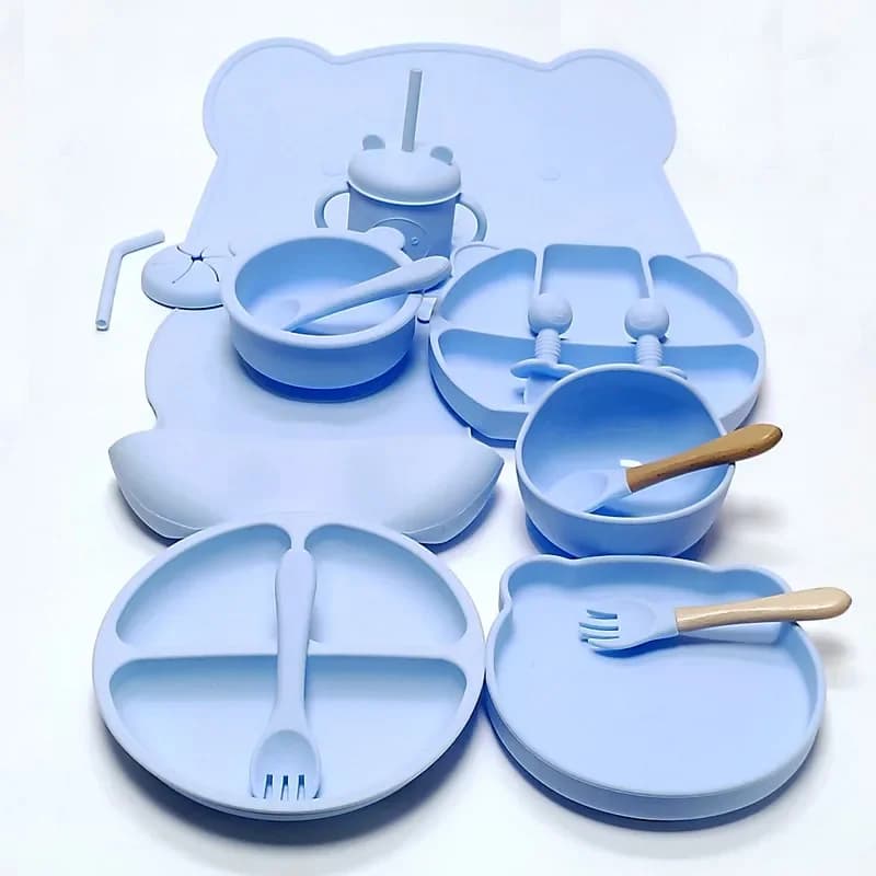 Ensemble d'ustensiles en silicone pour enfants, ensemble d'assiettes queplate, ventouse complémentai