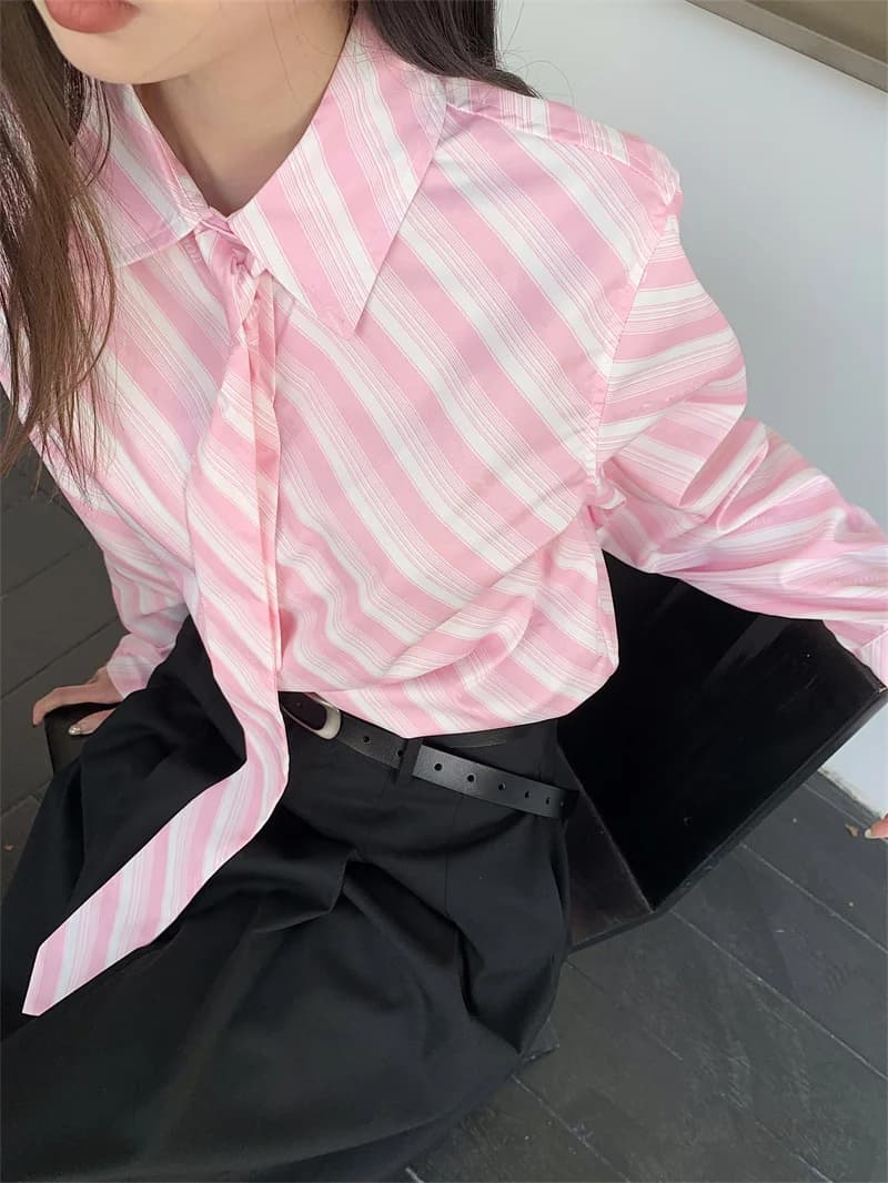 CHEERART Rose Rayé Chemise Avec Cravate Bureau Tenues Femmes T-shirt À Manches Longues Et Chemisier 