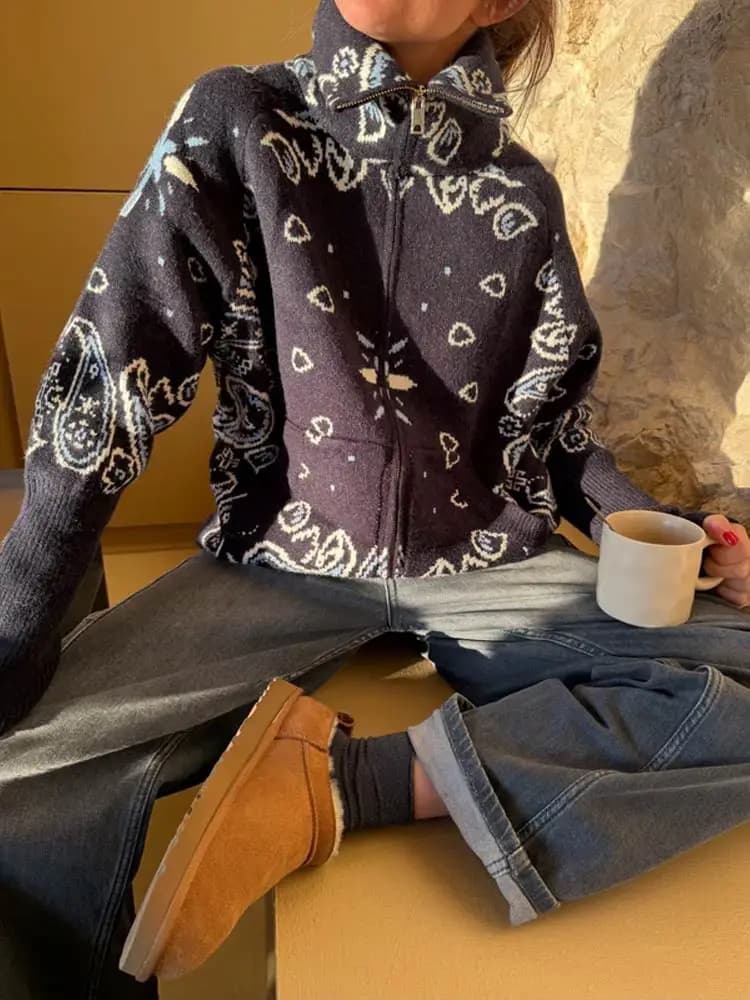 Cardigan Jacquard décontracté pour femmes, ample, col montant, poches zippées, pull assorti avec tou