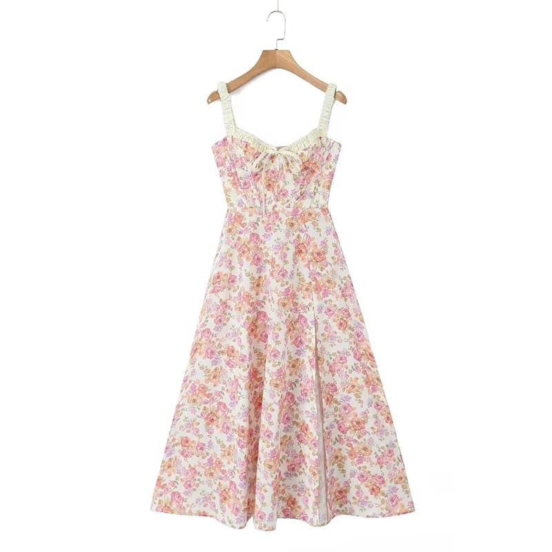 YENKYE-Robe mi-longue à imprimé floral de style français pour femmes, robe à bretelles A-ligne, fent