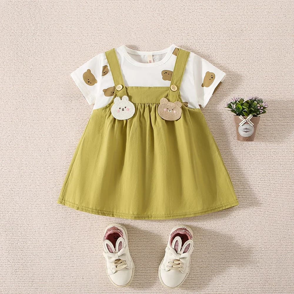 Robe d'été en coton pour petites filles, imprimé ours en peluche, manches courtes, fausse robe à bre