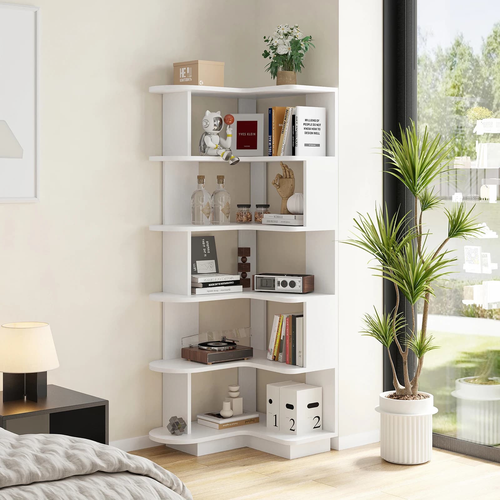 Bibliothèque d'angle Farini – Blanc, étagère de rangement peu encombrante pour le salon et le bureau